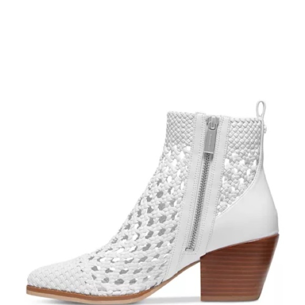 Michael Kors Augustine Woven Ankle Bootie White Leather Cutout Block Heel 6.5 - Picture 3 of 5
